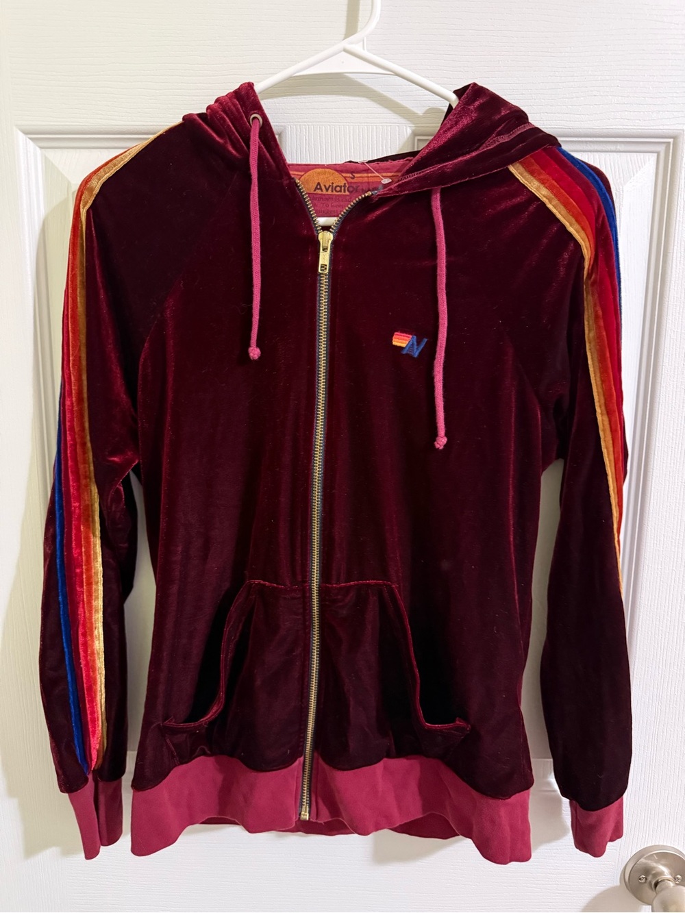 Aviator Nation Burgundy Velvet Zip Hoodie with Rainbow Sleeve Stripes